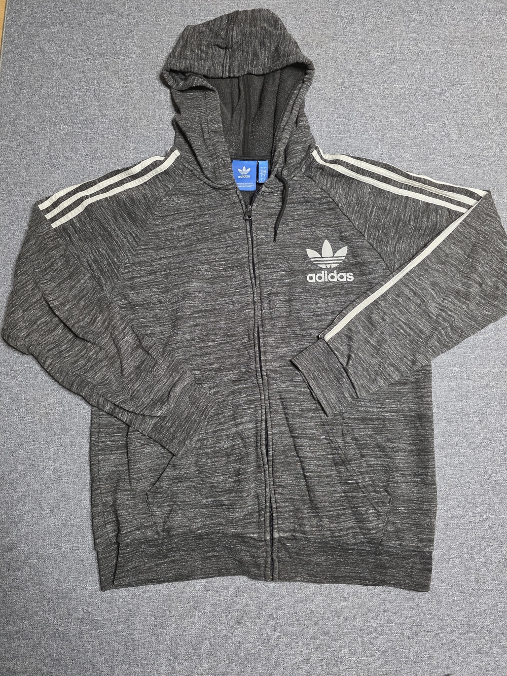 Adidas Originals Mens Dark Grey Heather Zip Up Hoodie Trefoil 3-Stripes Size L